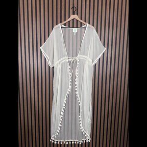 Z & L Europe Kimono Robe Small Women White Sheer Pom Pom Trim Intimate Front Tie